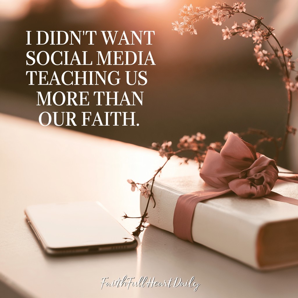 An aesthetic graphic titled 'I Didn't Want Social Media Teaching Us More Than Our Faith' featuring a ribbon-tied journal and dusty roses by FaithFullHeartDaily.
