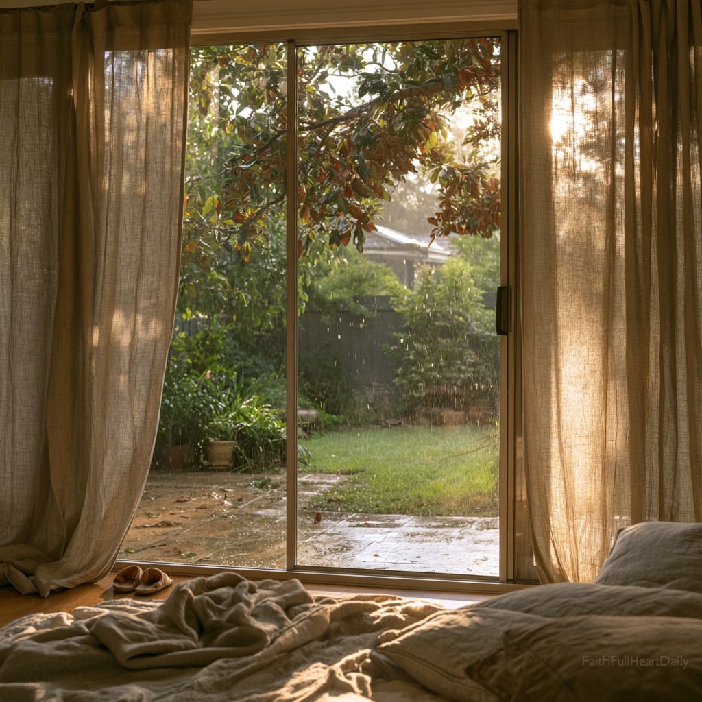 Cozy sunlit room with sheer curtains looking out into a lush green garden through glass sliding doors.