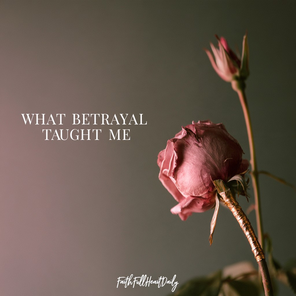 A moody Christian devotional graphic titled 'WHAT BETRAYAL TAUGHT ME' featuring a dusty pink rose with a stem delicately repaired with antique gold by FaithFullHeartDaily.