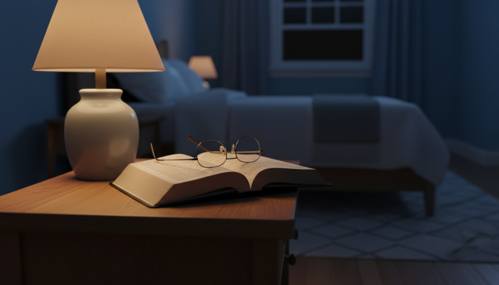 A bedside table with a softly glowing lamp and an open Bible, a calm night prayer scene