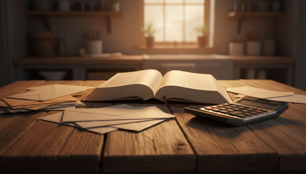 An open Bible, envelopes and a calculator on a kitchen table in warm lamplight, symbolizing Bible verses for financial wisdom