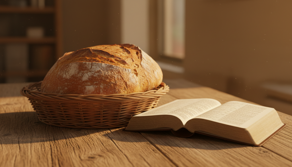 A loaf of bread, a basket and an open Bible on a rustic table in golden light, symbolizing provision