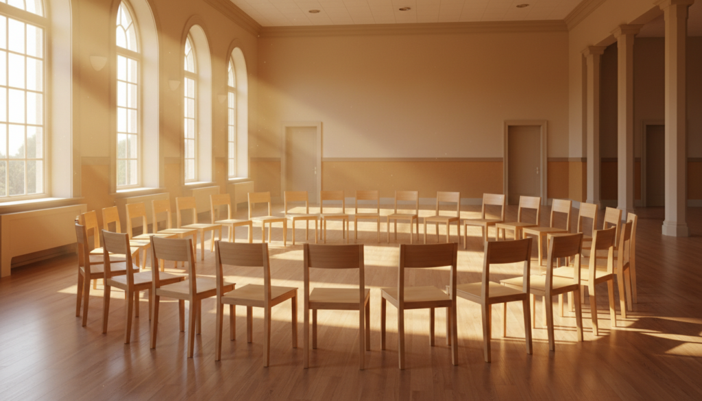 A circle of simple wooden chairs in a sunlit room, ready for a prayer meeting