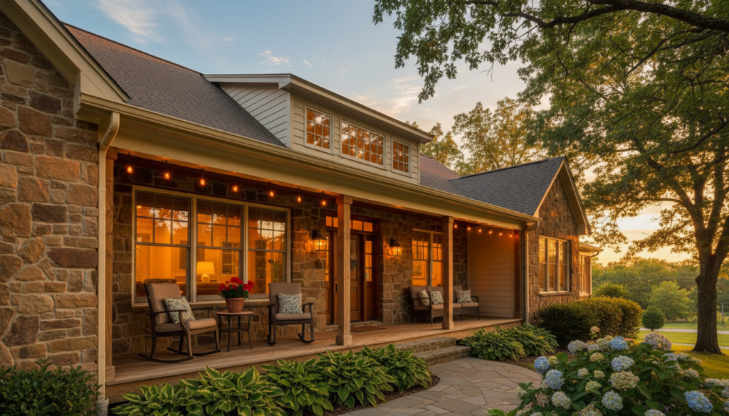 A family home with a front porch at golden hour and warm glowing windows, a prayer covering the whole family