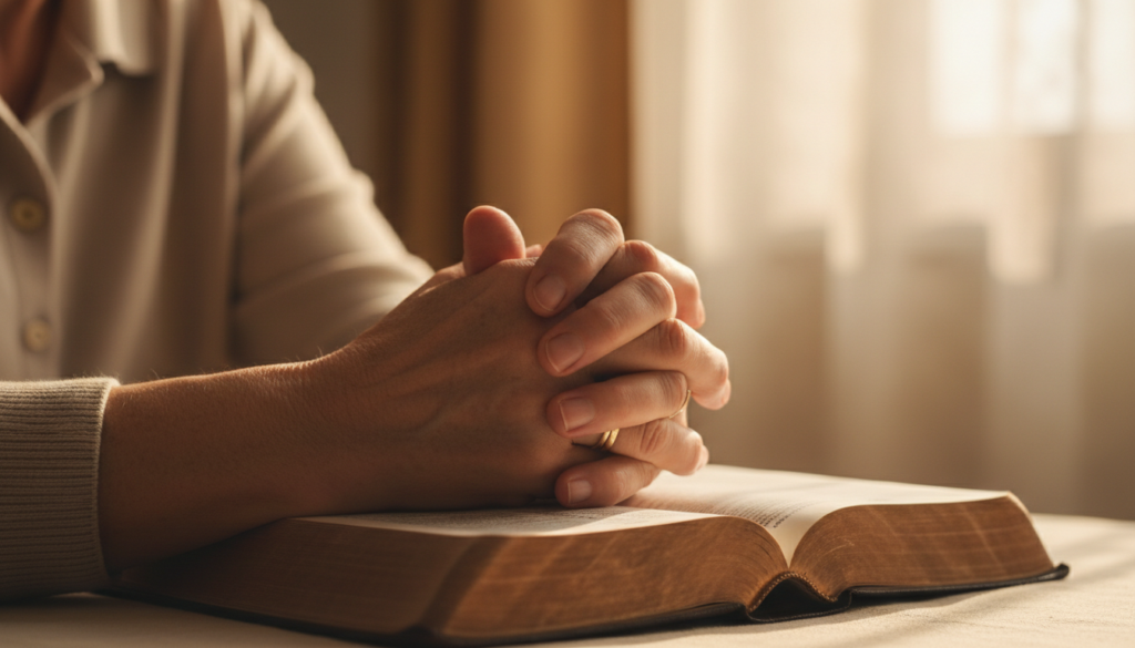 An older woman's folded hands resting on an open Bible in soft window light
