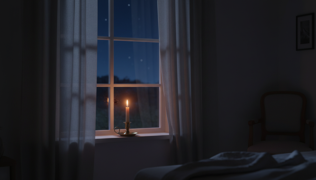 A quiet moonlit bedroom window with soft curtains and a candle glow, peaceful night prayers