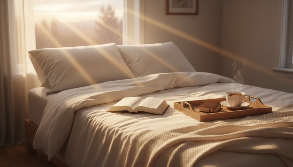 Early morning sunlight on a bed with an open Bible and a cup of tea, a morning prayer for tired women
