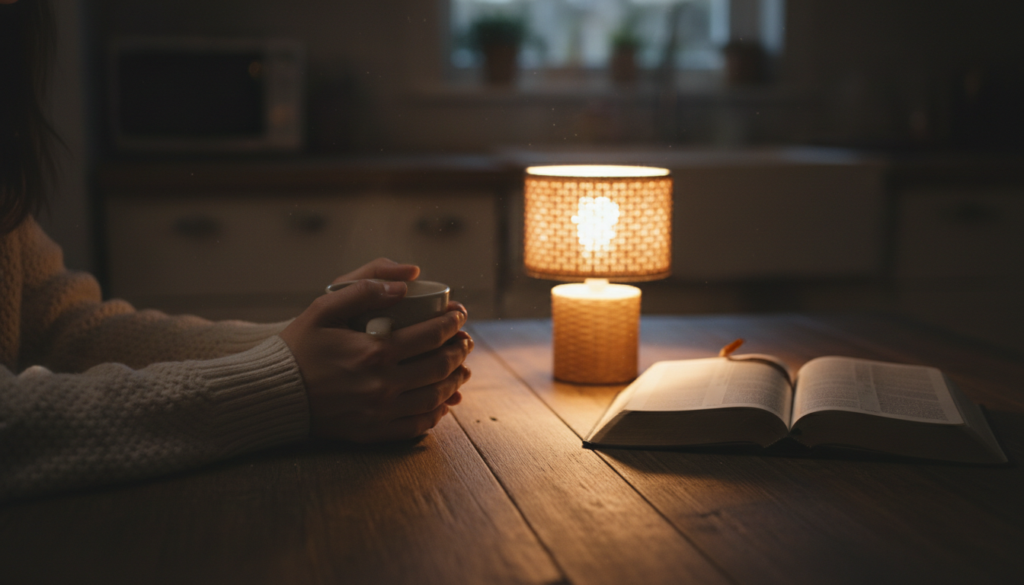 A mother's hands around a mug at a kitchen table at night beside an open Bible and a small lamp