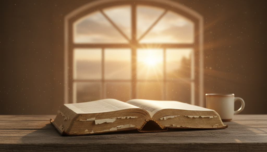 An open Bible by a window at sunrise