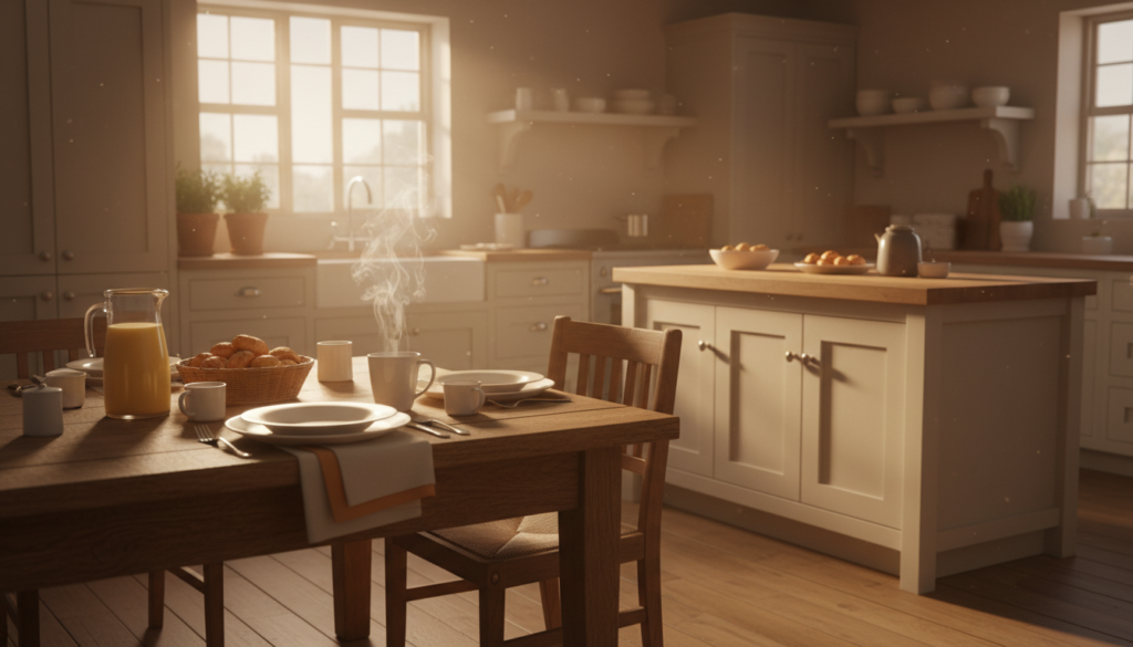 A sunlit kitchen with a family breakfast table set for the morning, a prayer before the day begins
